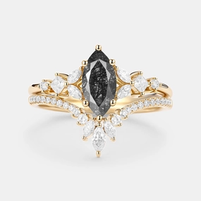 Black Rutilated Quartz Cluster Vintage Marquise Engagement Ring Set 2pcs - Lumenis Fashion Sparkle Opulent Craft