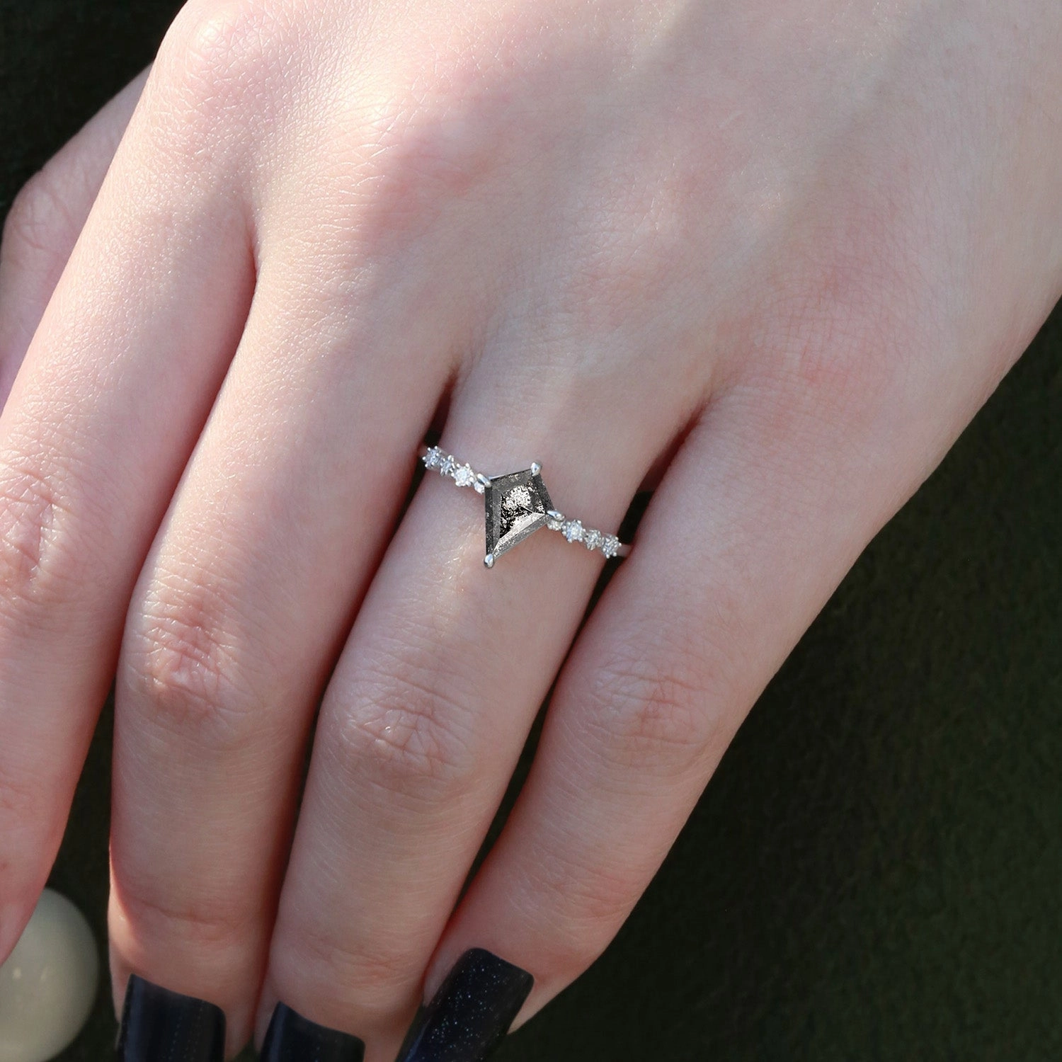 Black Rutilated Quartz Minimalism Engagement Ring Luxury Element Daytime Look