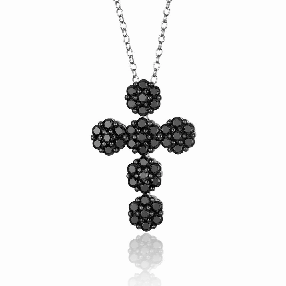 Event Style Exquisite Edge Black Spinel Cross Necklace in Sterling Silver | Bold Statement Pendant