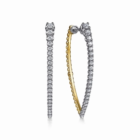 Gorgeous Ornament 14K White and Yellow Gold Bujukan and Graduating Diamond Classic Hoop Earrings