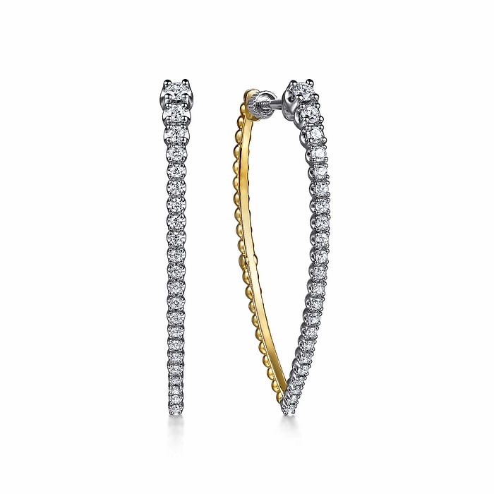 Gorgeous Ornament 14K White and Yellow Gold Bujukan and Graduating Diamond Classic Hoop Earrings
