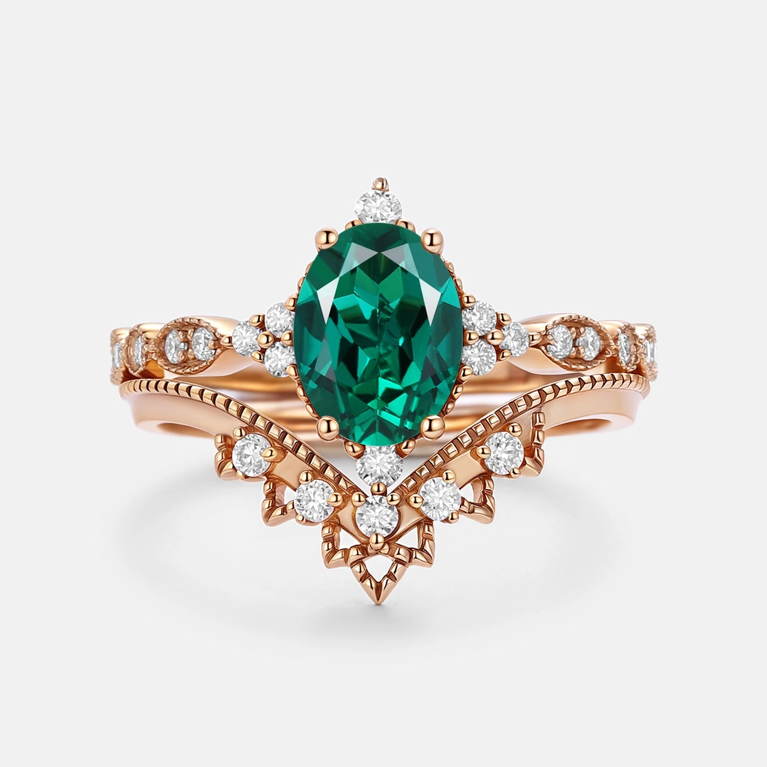 Bold Option Shimmering Detail Signature Vintage Oval Cut Lab Emerald Engagement Ring Set 2pcs