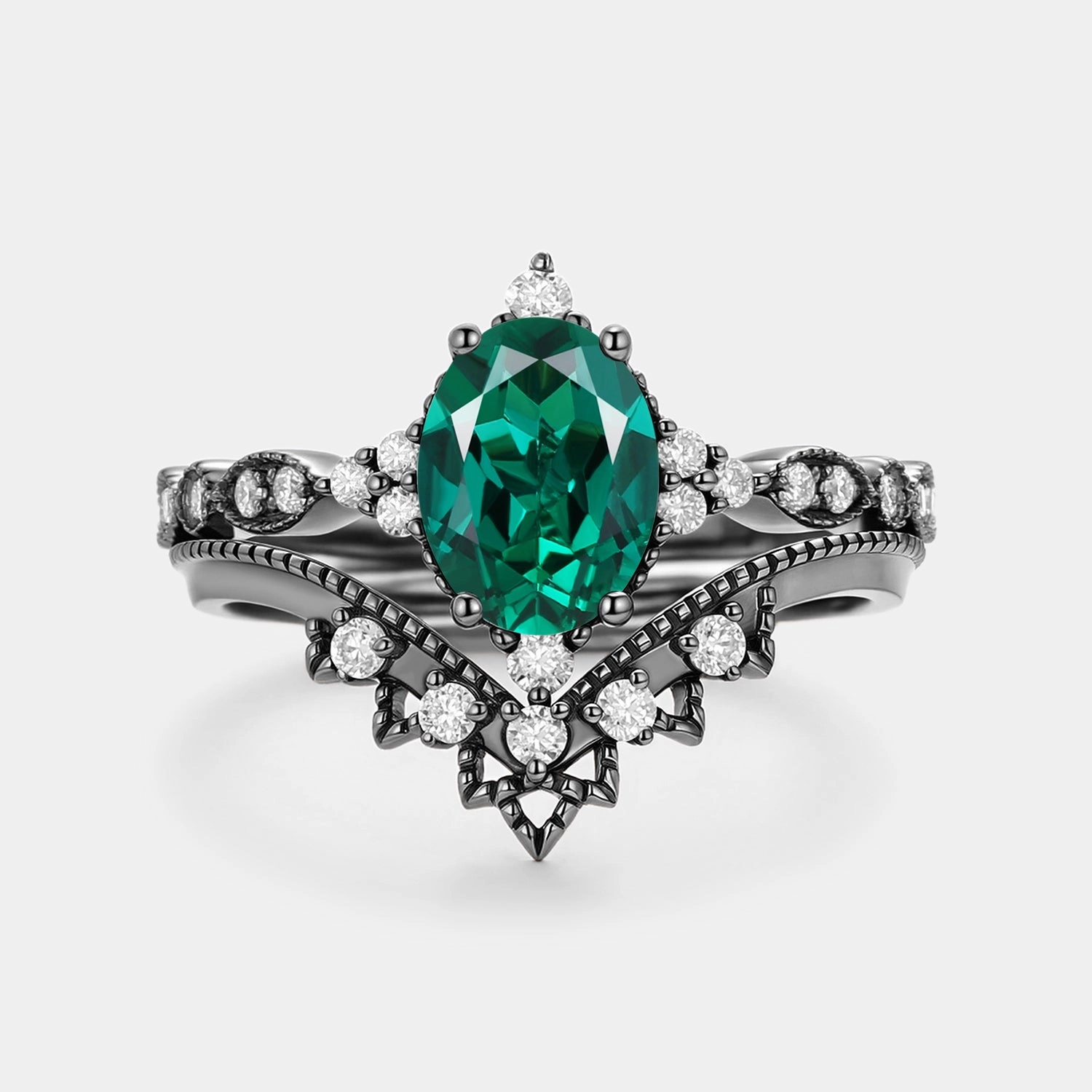 Graceful Mood Signature Vintage Oval Cut Lab Emerald Engagement Ring Set 2pcs