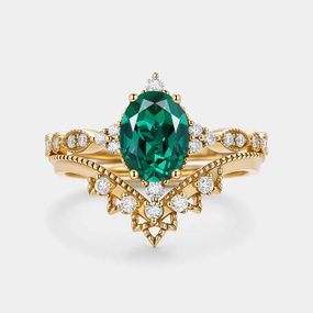 Seasonal Mood Signature Vintage Oval Cut Lab Emerald Engagement Ring Set 2pcs