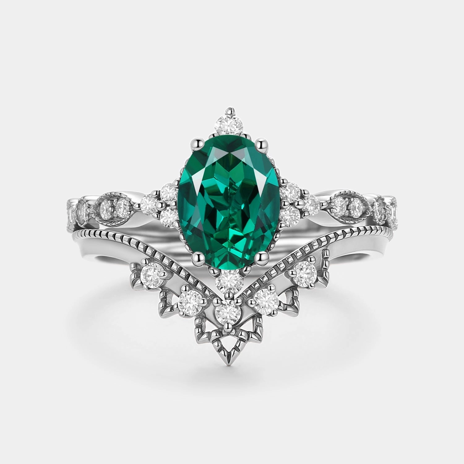 Signature Vintage Oval Cut Lab Emerald Engagement Ring Set 2pcs Modern Fit