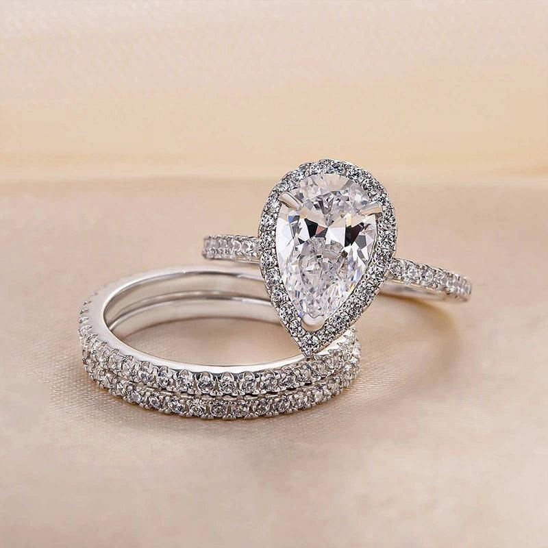 Textile Shine Opulent Detail Louily Exquisite Halo Pear Cut 3PC Wedding Ring Set In Sterling Silver