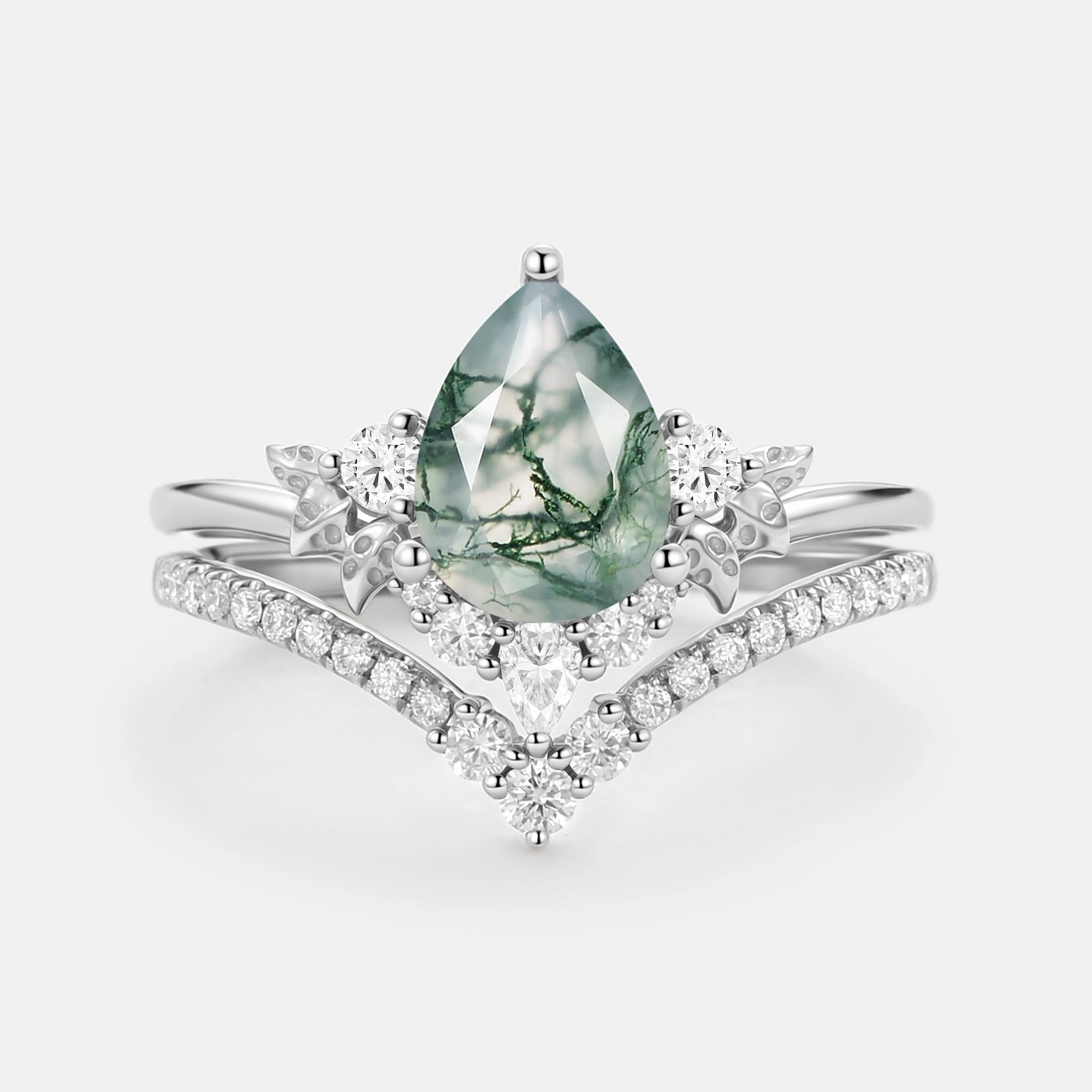 Pear Cut Moss Agate Leafy Ring Sets 2pcs - Mauve Graceful Accessory