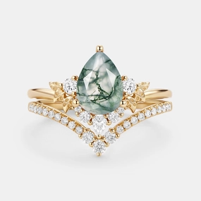 Pear Cut Moss Agate Leafy Ring Sets 2pcs - Mauve Luxury Set Elegant Feel