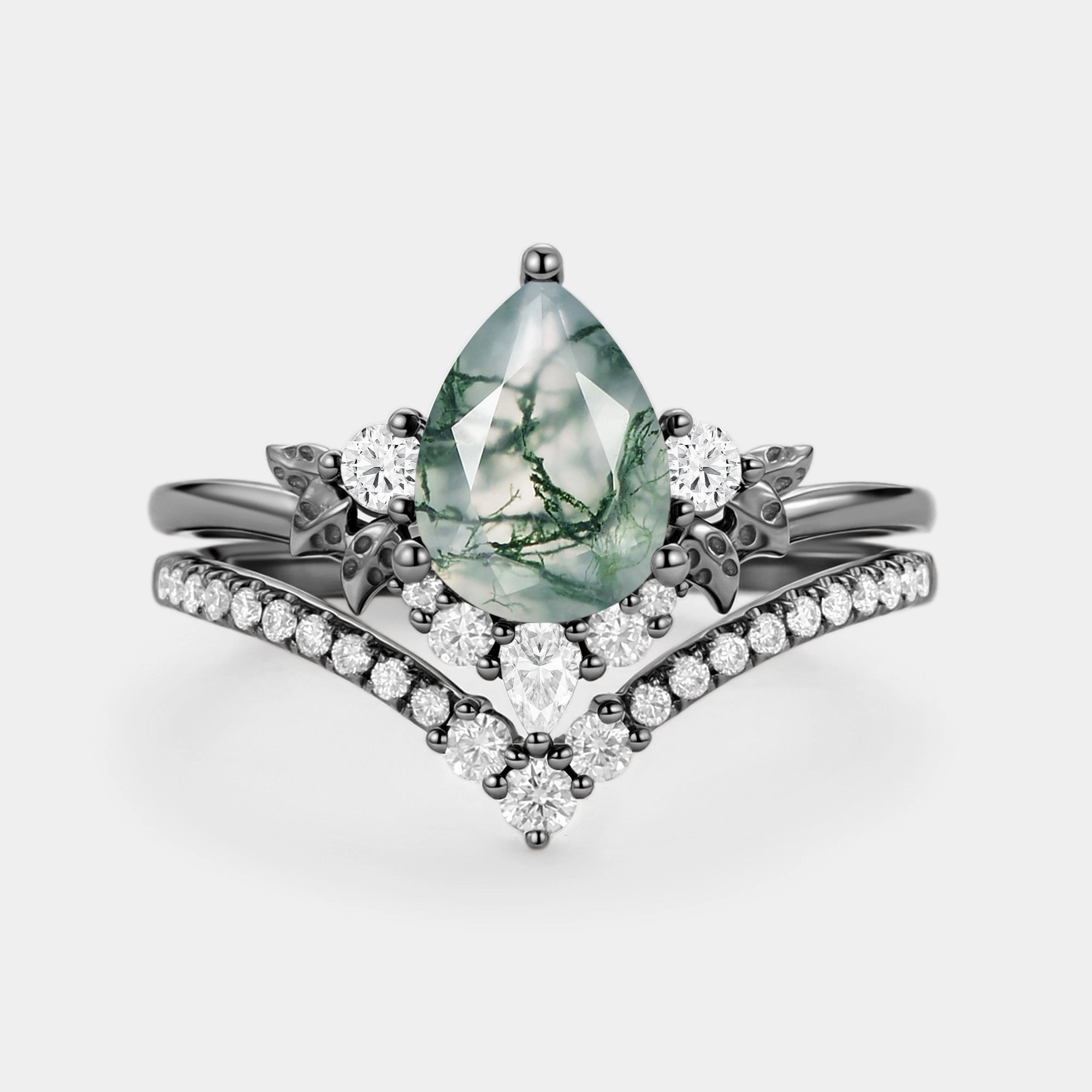 Petite Glam Luxury Detail Pear Cut Moss Agate Leafy Ring Sets 2pcs - Mauve