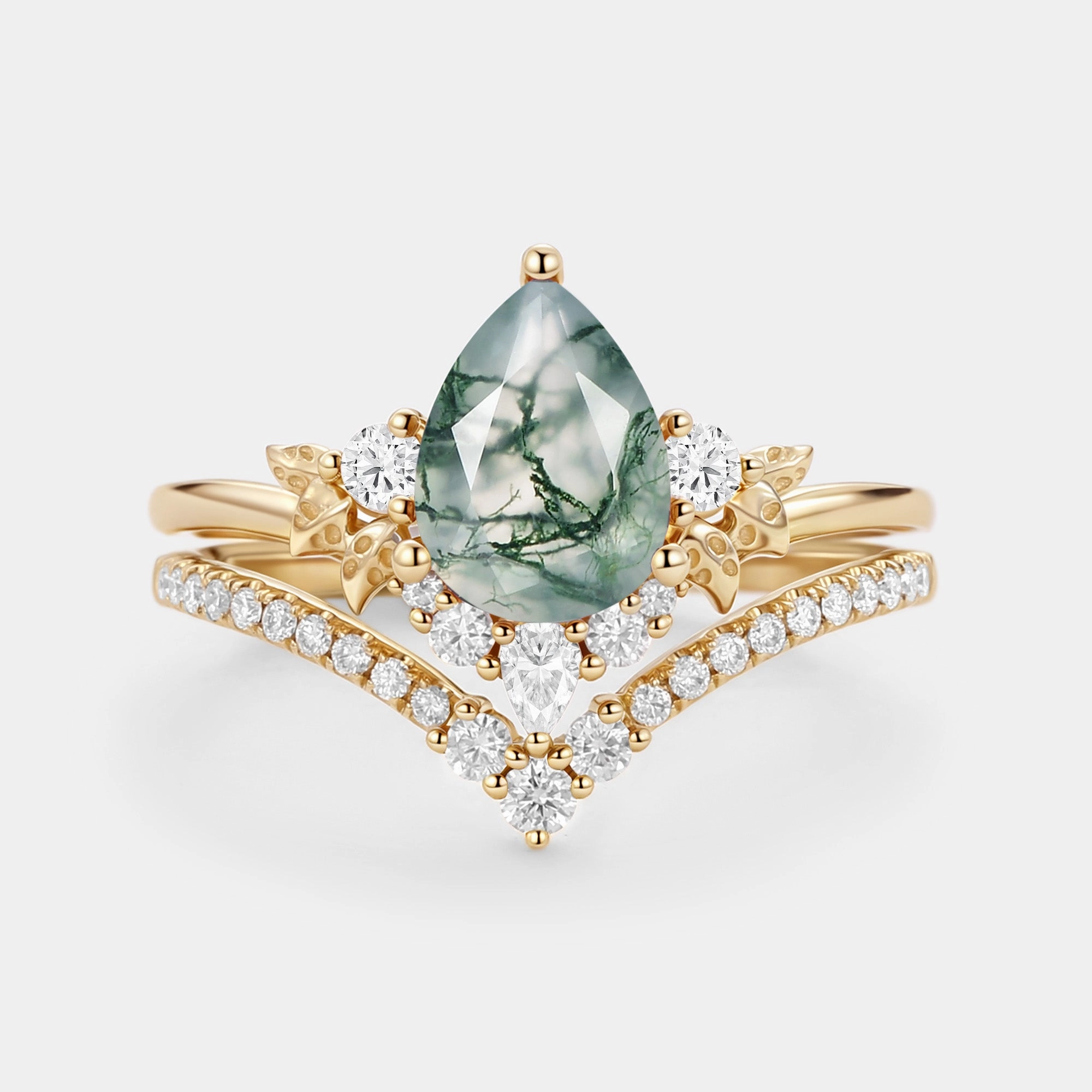 Timeless Style Pear Cut Moss Agate Leafy Ring Sets 2pcs - Mauve