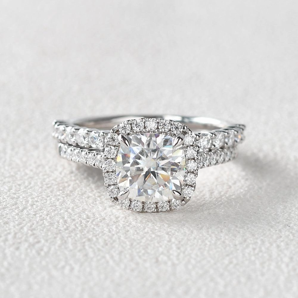 All Time 1.5ct Cushion Cut Moissanite Halo White Gold Ring Set 2pcs
