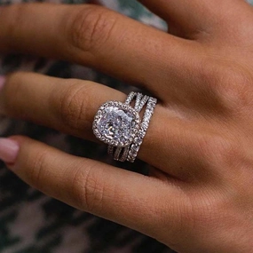 Louily Desirablet Halo Cushion Cut 3PC Wedding Set Classic Design Refined Detailing