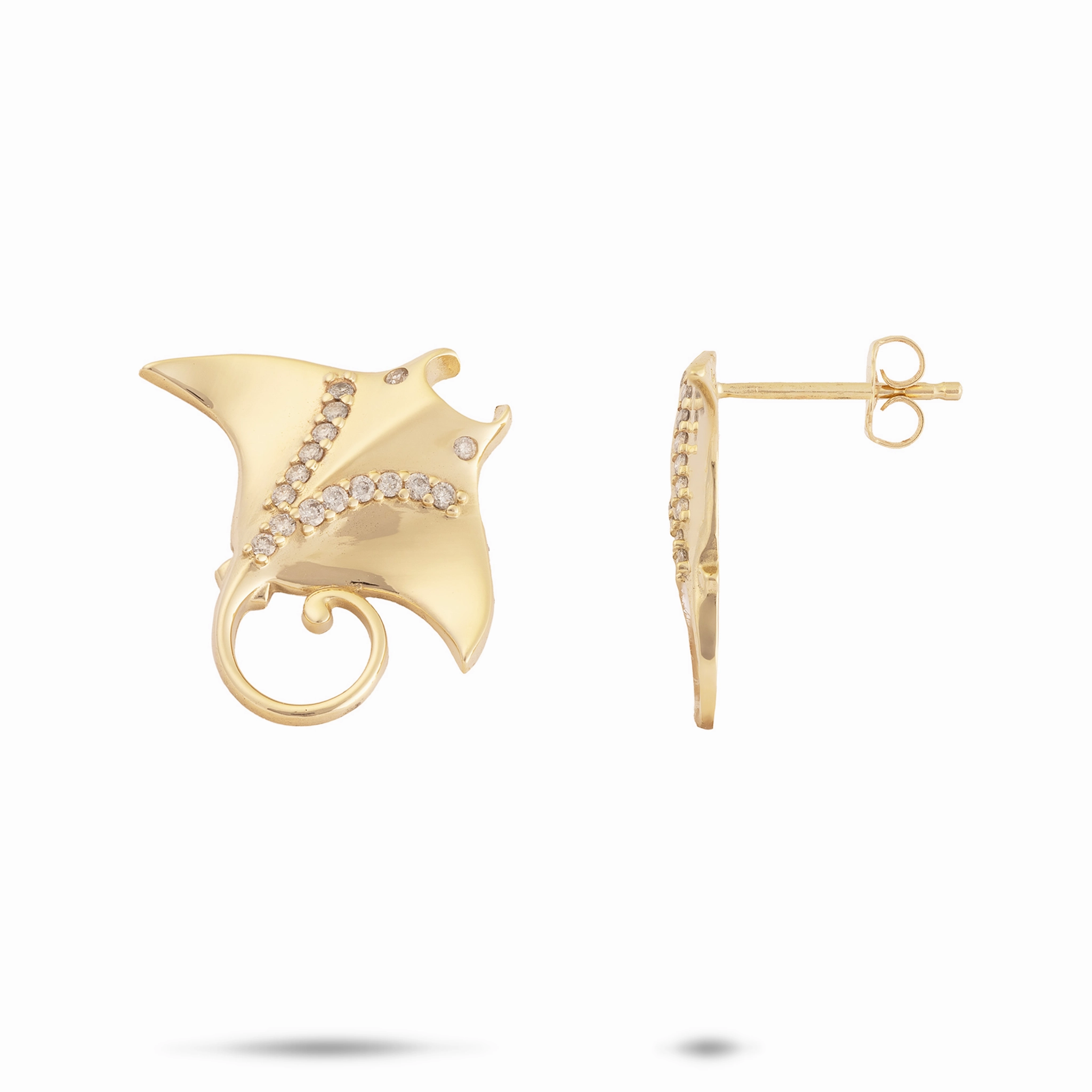 Classic Embellishment Ocean Dance Manta Ray Earrings in Gold with Diamonds - 19mm