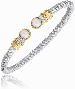 Easy Sight Prominent Detail 14K Yellow Gold and Sterling Silver Pearl and Diamond Bangle Bracelet