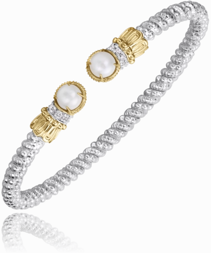 Easy Sight Prominent Detail 14K Yellow Gold and Sterling Silver Pearl and Diamond Bangle Bracelet