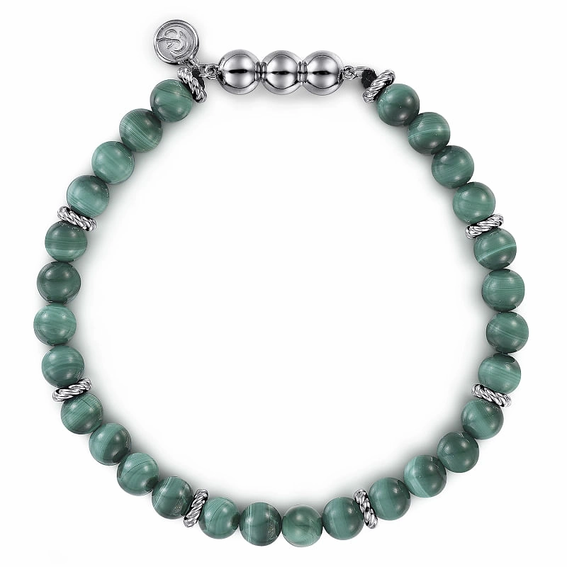 First class Fast shipping 925 Sterling Silver and Malachite Beaded Bracelet