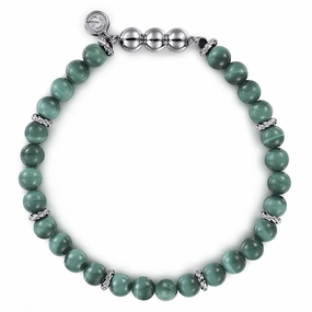 First class Fast shipping 925 Sterling Silver and Malachite Beaded Bracelet