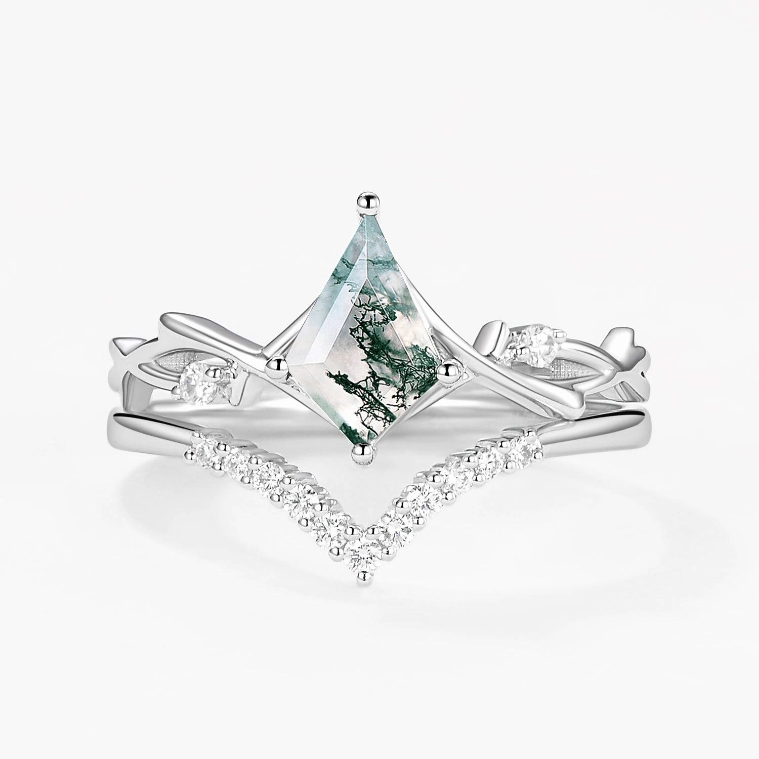 Simple Look High Class Branch Kite Cut Natural Moss Agate Minimalist Engagement Ring Sets 2pcs - Crest