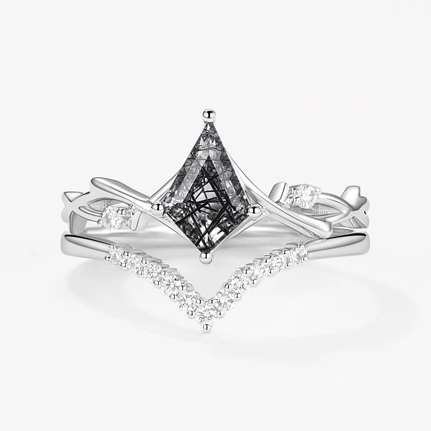 Branch Kite Cut Natural Moss Agate Minimalist Engagement Ring Sets 2pcs - Crest Chic Appeal Crisp Detail