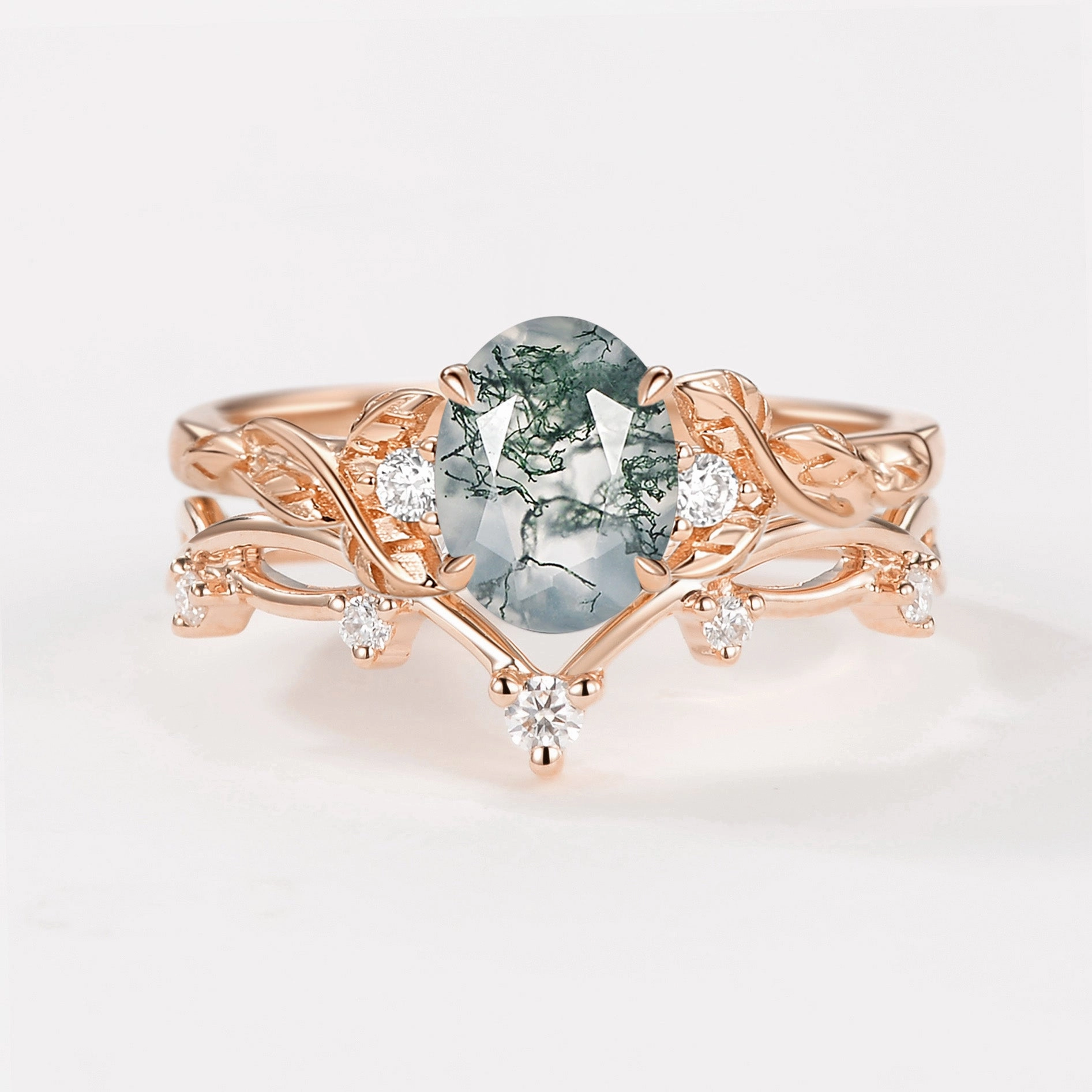 Dazzling Style Soft Glow Up Branches Oval Shaped Moss Agate Leafy Ring Set 2pcs