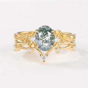 Branches Oval Shaped Moss Agate Leafy Ring Set 2pcs Fresh Mood Soft Spark