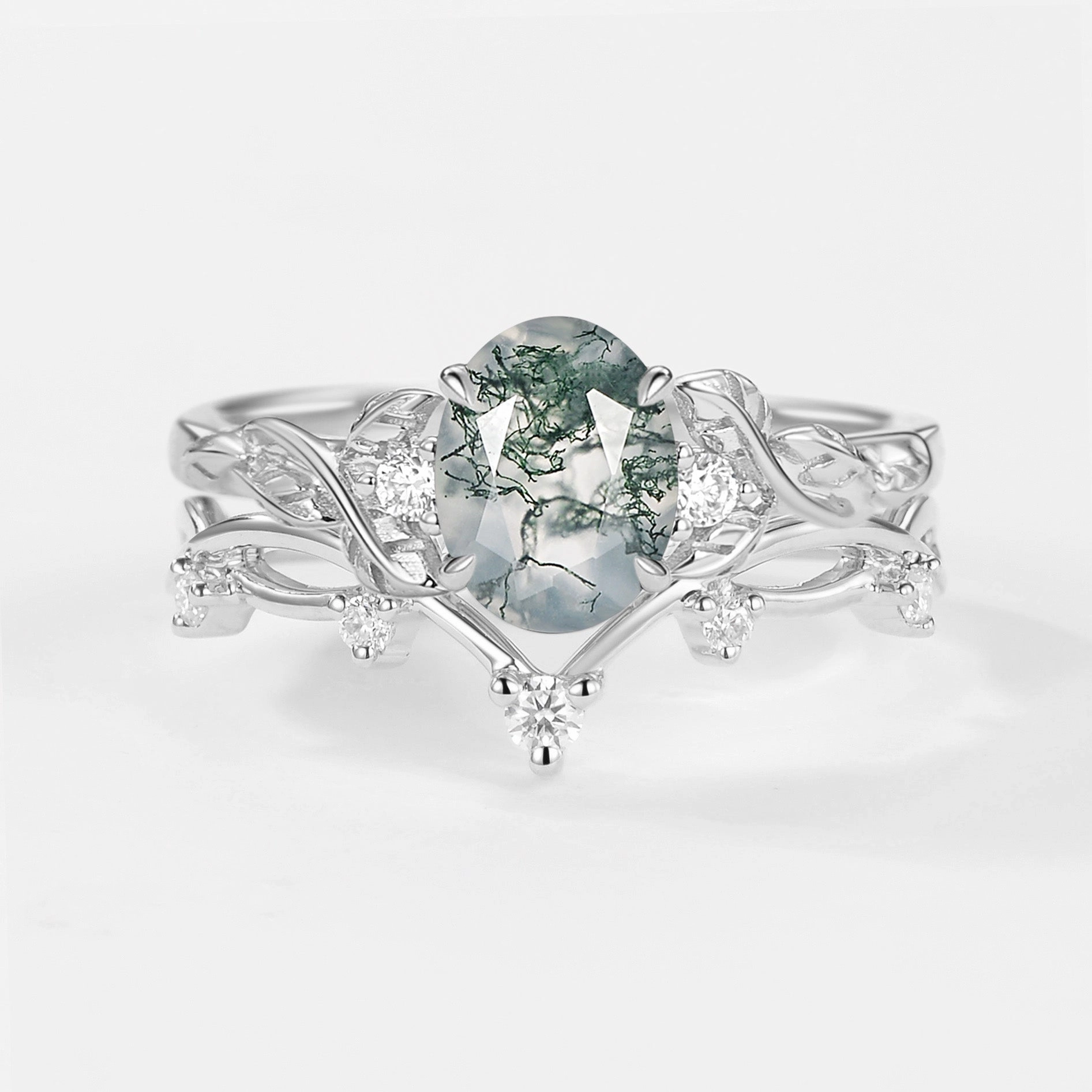 Branches Oval Shaped Moss Agate Leafy Ring Set 2pcs Perfect Gift Soft Form