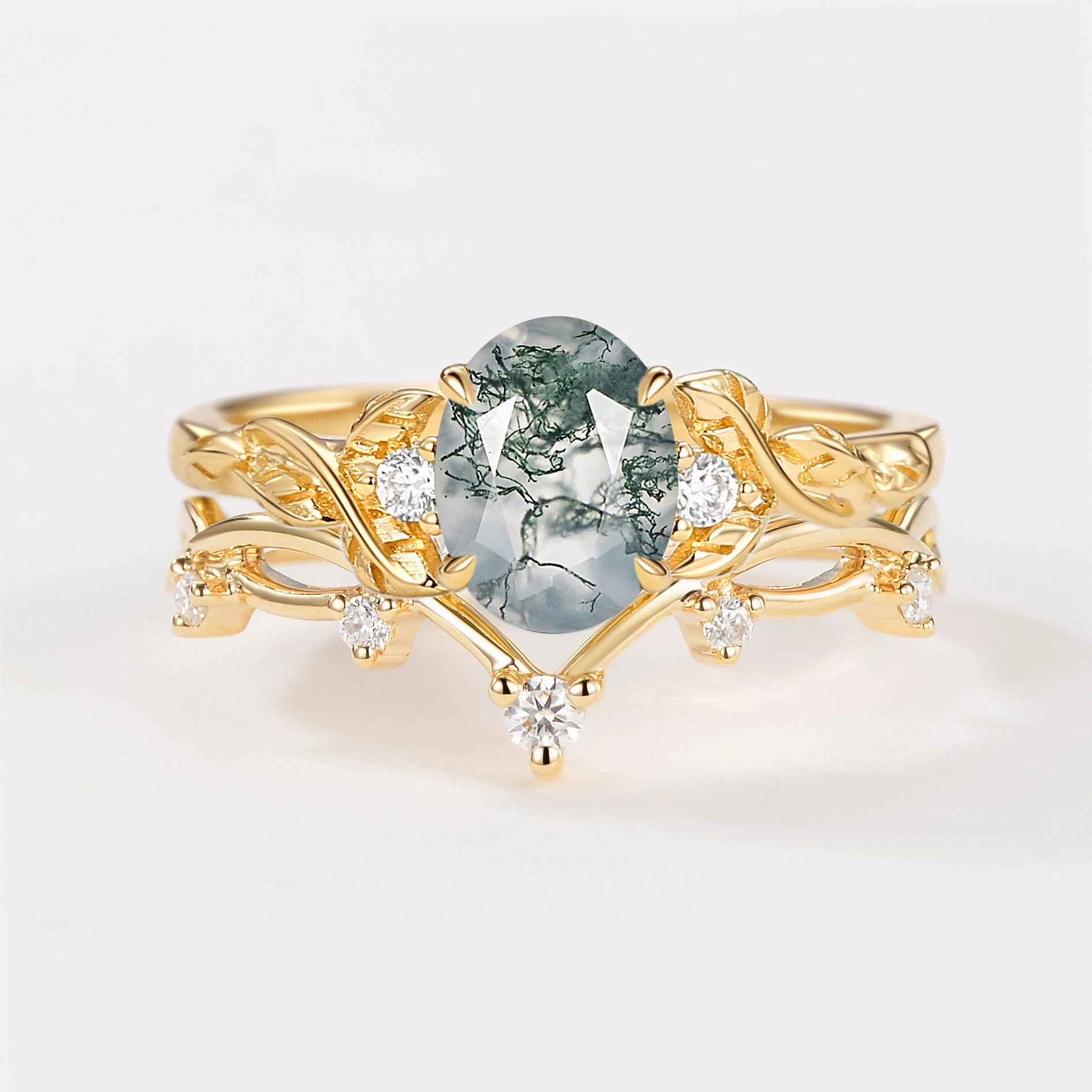 Elegant accessory Branches Oval Shaped Moss Agate Leafy Ring Set 2pcs
