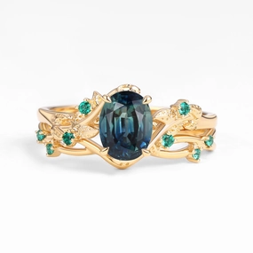 Nature Inspired - Oval Cut Teal Sapphire Leafy Black Gold Ring Set 2pcs - Mossy Vibrant Finish