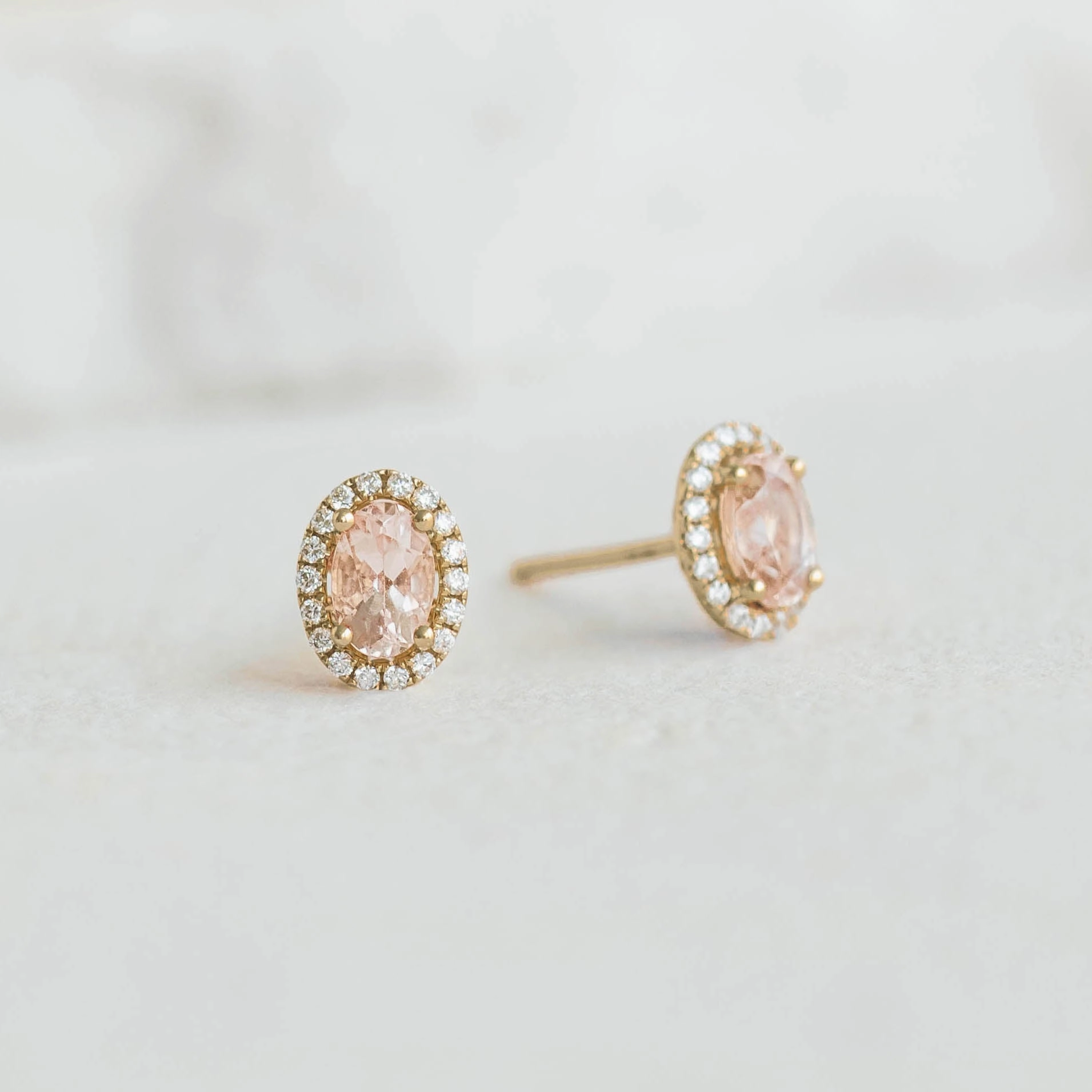 Luxurious Piece Morganite Halo Stud Earrings 14k Gold - Marzia