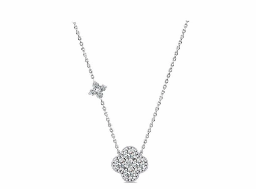 Sculpted Feature Crisp Finish Clover Round Brilliant Halo Necklace | S925 | Moissanite