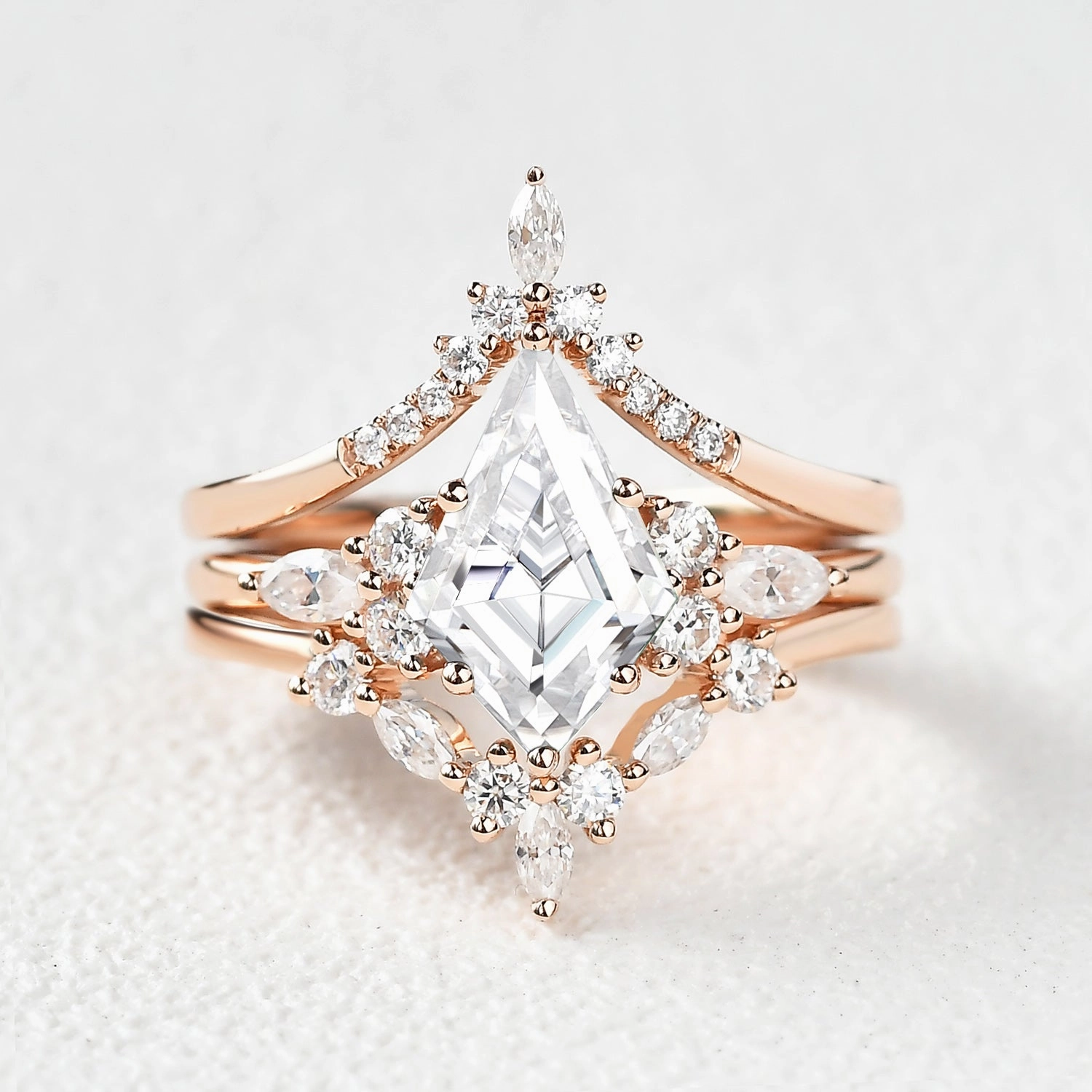 Unique Kite Cut Moissanite Chevron Engagement Ring Set 3pcs - Kinsley Camera Ready