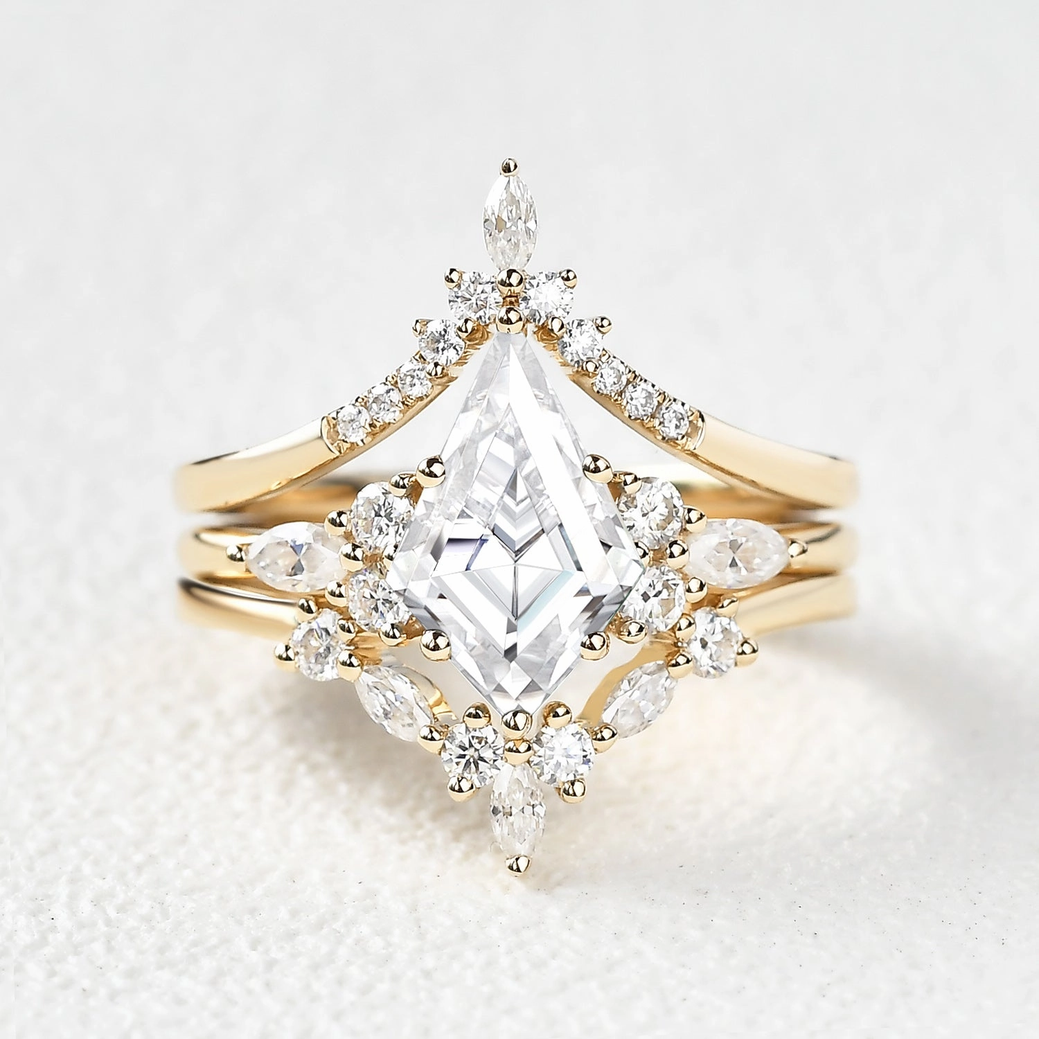 Unique Kite Cut Moissanite Chevron Engagement Ring Set 3pcs - Kinsley Glow Up Flawless Touch