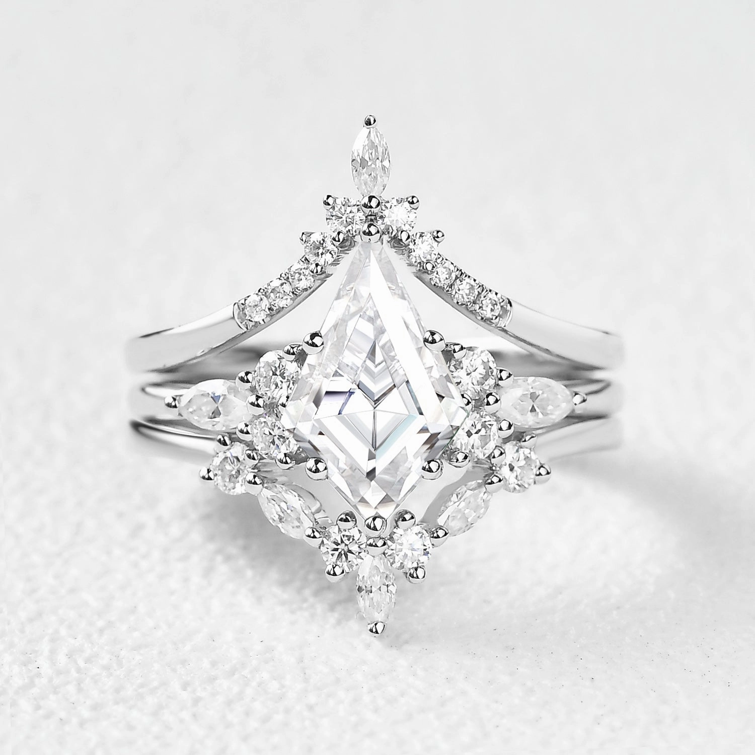 Graceful Look Gifting Moment Unique Kite Cut Moissanite Chevron Engagement Ring Set 3pcs - Kinsley