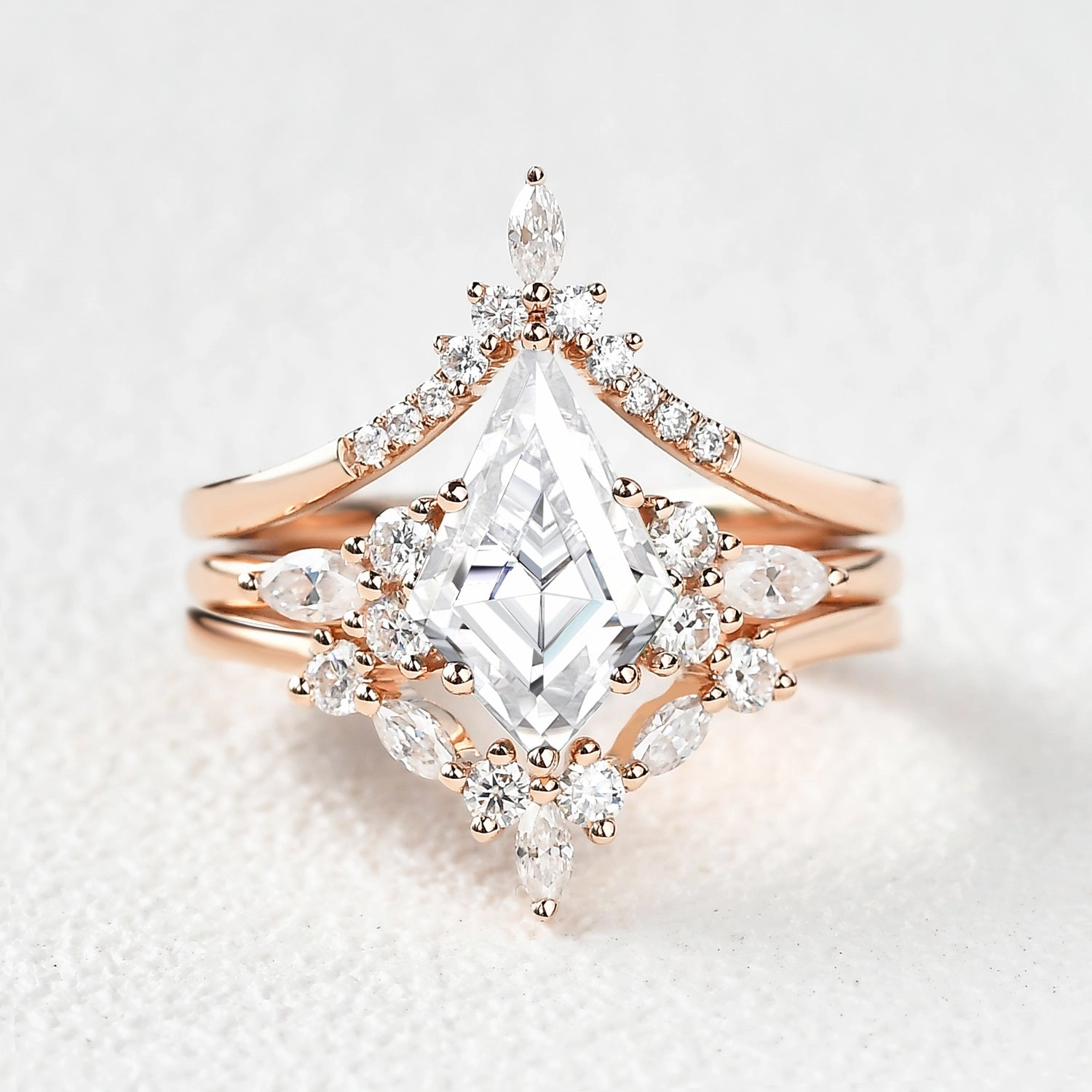 Unique Kite Cut Moissanite Chevron Engagement Ring Set 3pcs - Kinsley Fashion highlight Alluring Charm
