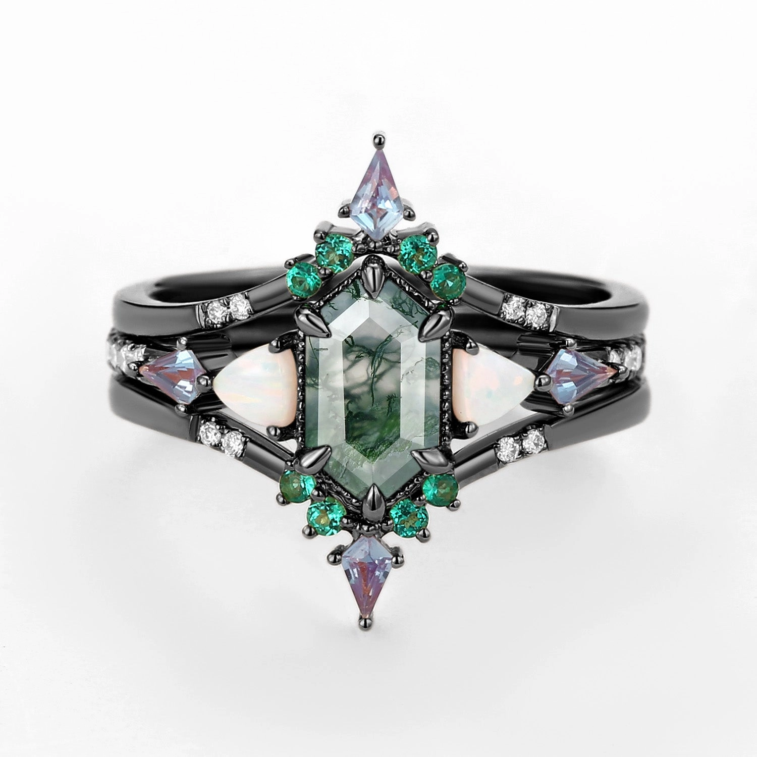 Black Gold Long Hexagon Moss Agate & Opal & Alexandrite & Emerald Ring Set 3pcs - Max Radiant Sparkle