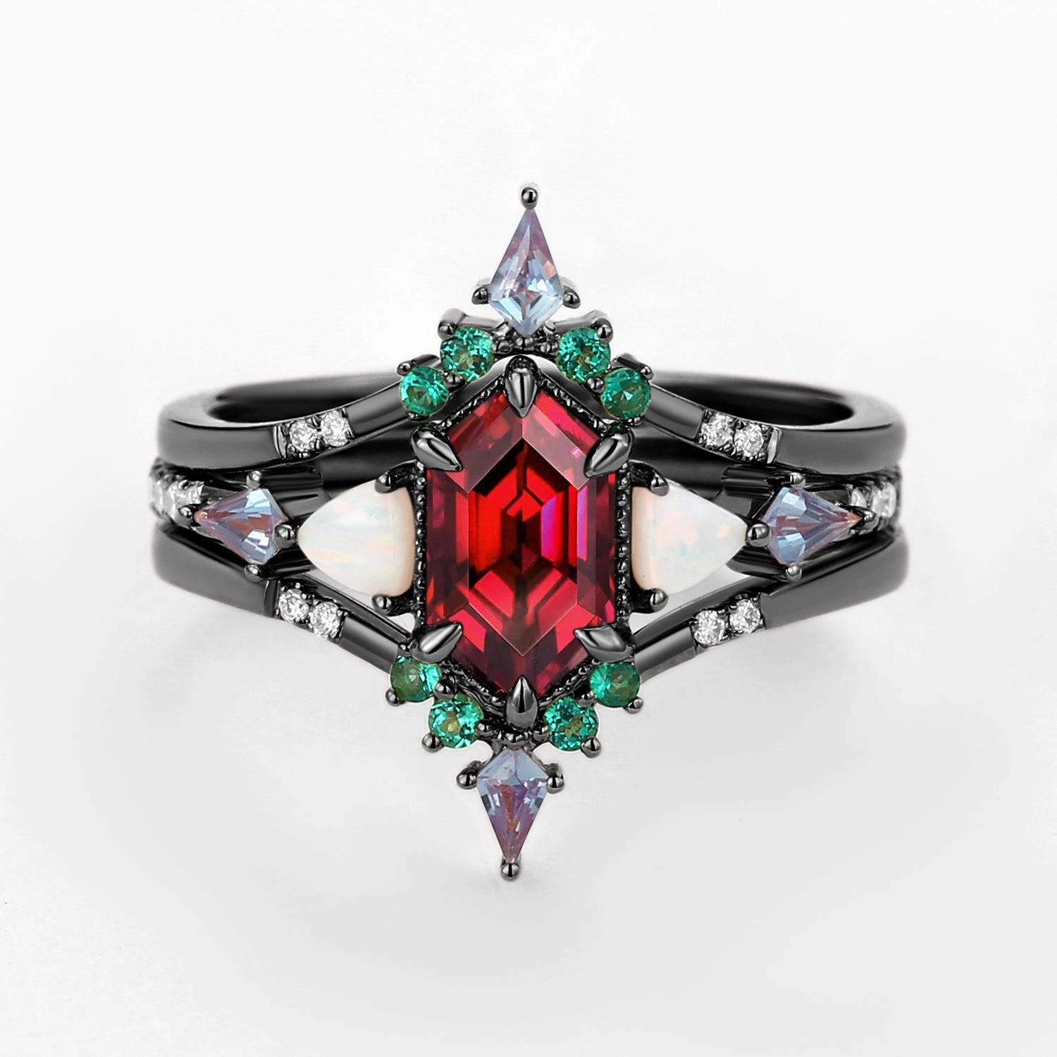 Black Gold Long Hexagon Moss Agate & Opal & Alexandrite & Emerald Ring Set 3pcs - Max Color Match