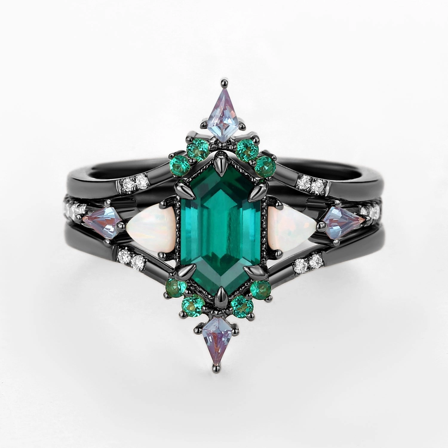 Black Gold Long Hexagon Moss Agate & Opal & Alexandrite & Emerald Ring Set 3pcs - Max Modern Charm Gift Moment