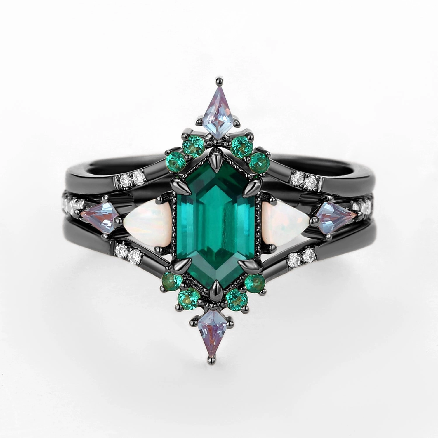 Black Gold Long Hexagon Moss Agate & Opal & Alexandrite & Emerald Ring Set 3pcs - Max Sparkling Shine Pieces Elegant Jewelry