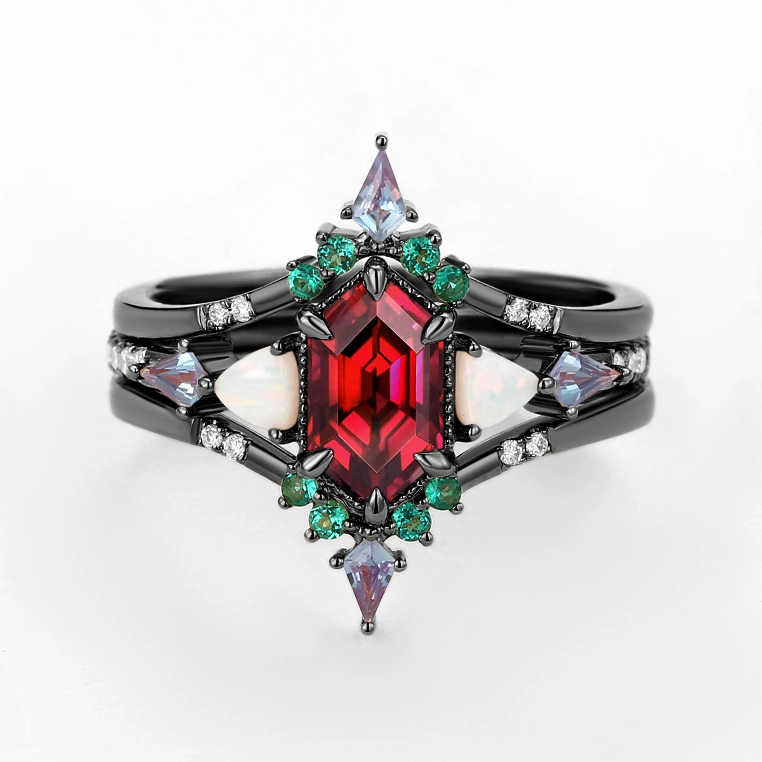Exquisite Stones Black Gold Long Hexagon Moss Agate & Opal & Alexandrite & Emerald Ring Set 3pcs - Max