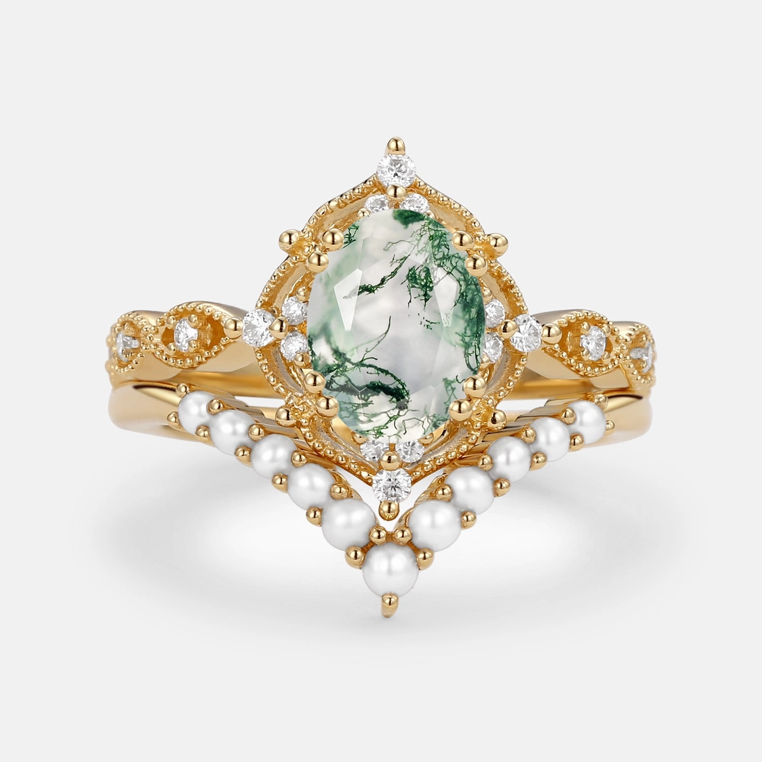 Exquisite detail Oval Cut Moss Agate Vintage Gold Ring Set 2pcs - Slate