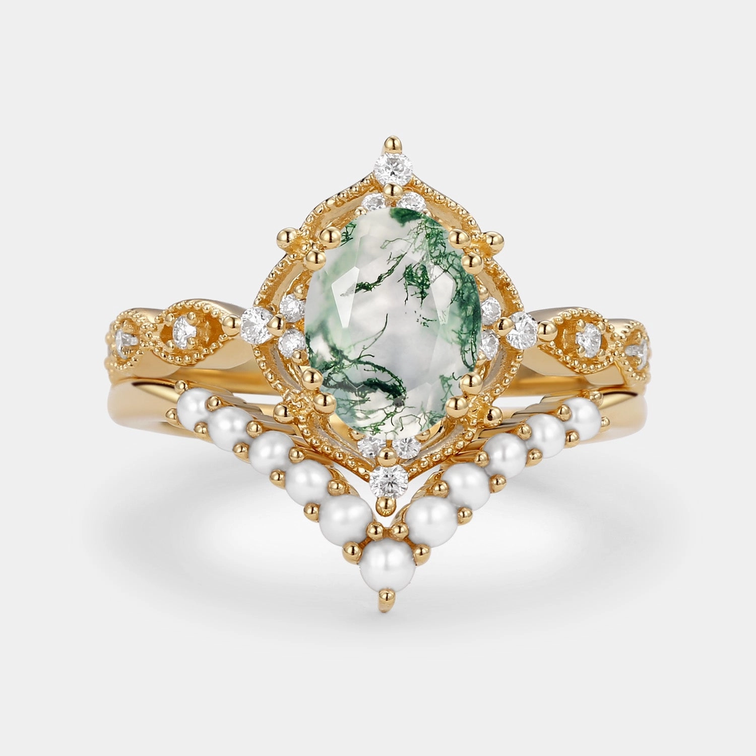 Shiny Accent Oval Cut Moss Agate Vintage Gold Ring Set 2pcs - Slate