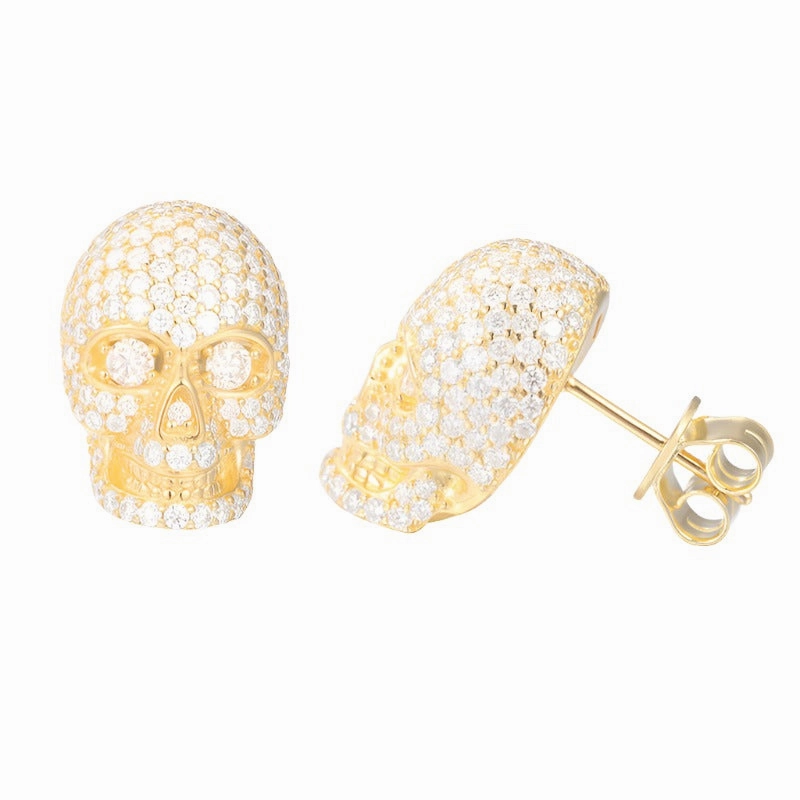 Skull Moissanite Earrings in 925 Sterling Silver - Yellow Gold and White Gold Finish Event Glow Festive Accent