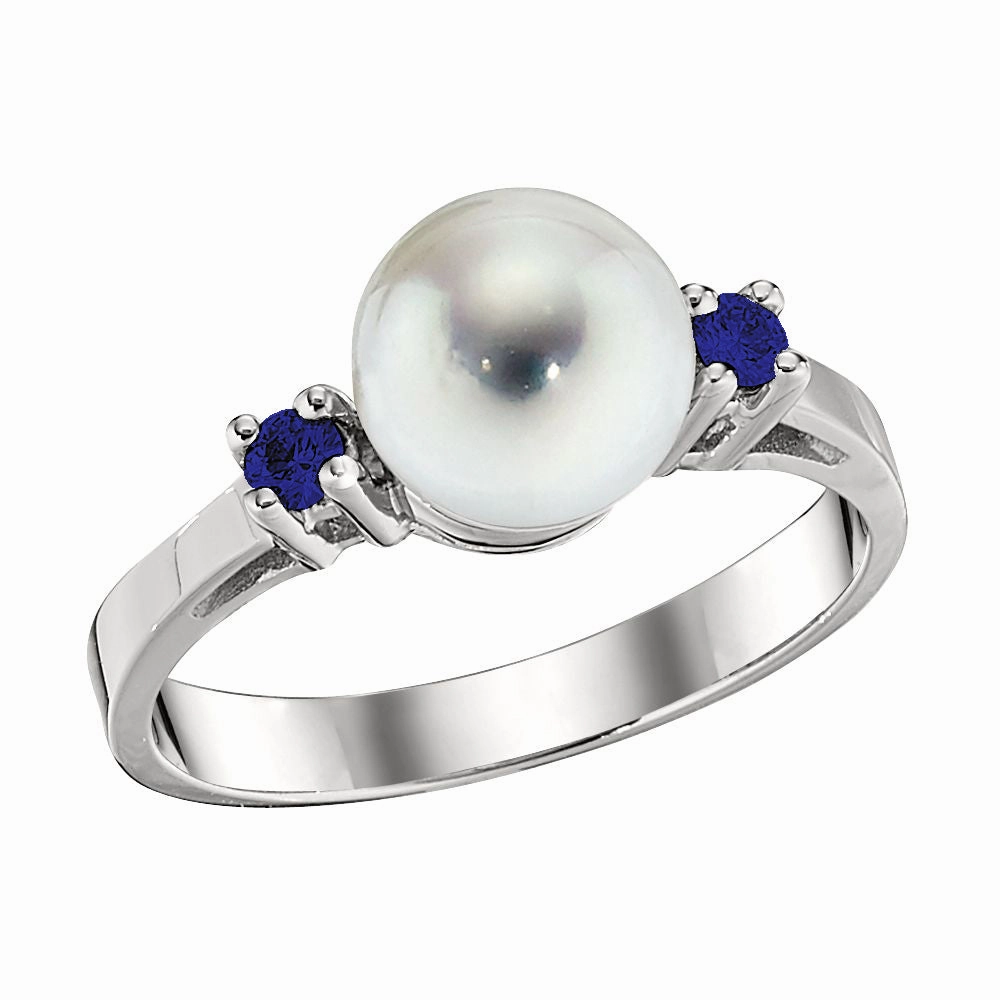 Handcrafted Object Eternal Jewelry 14K White Gold Pearl and Blue Sapphire Ring