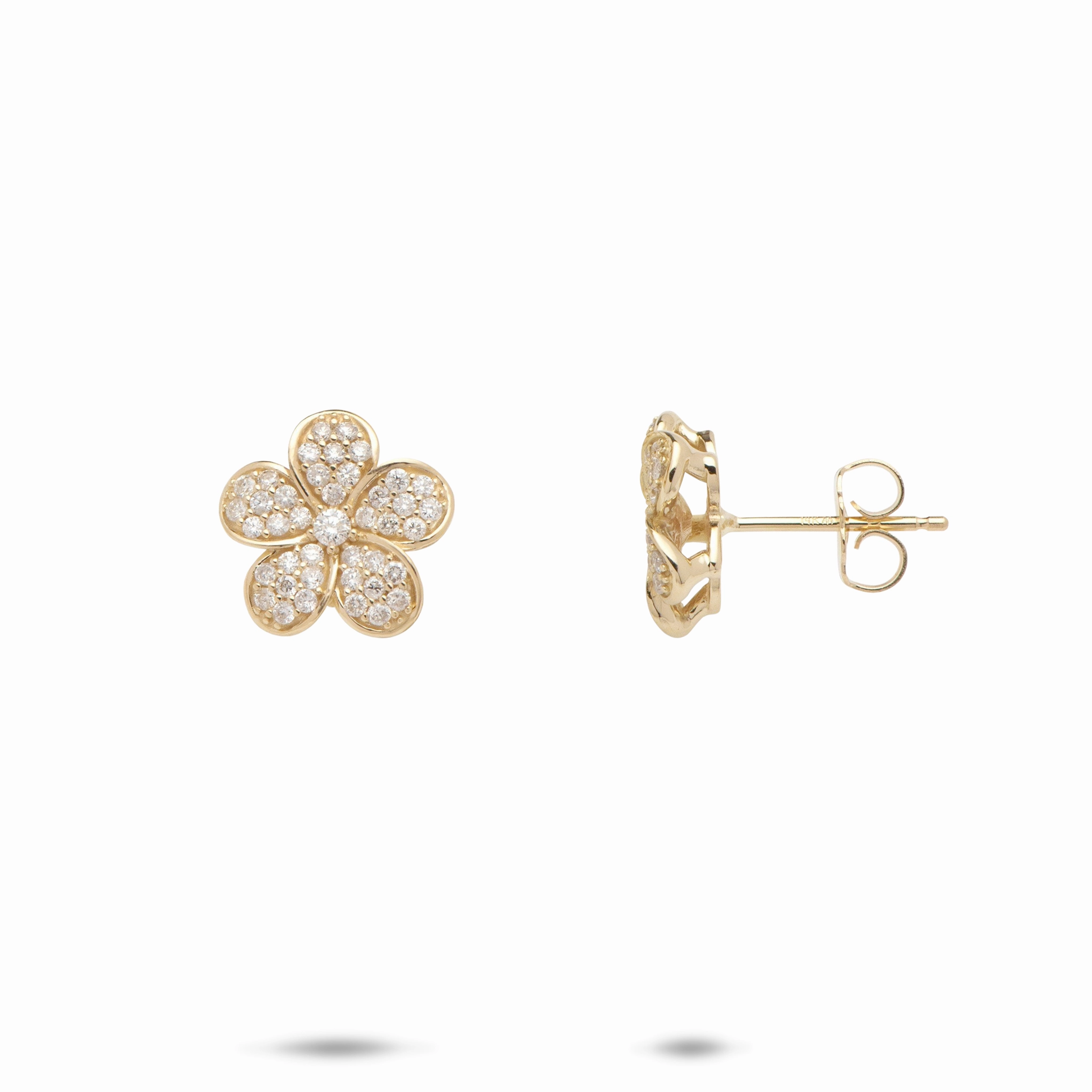 Refined Item Bohemian Item Plumeria Earrings in Gold with Diamonds - 11mm