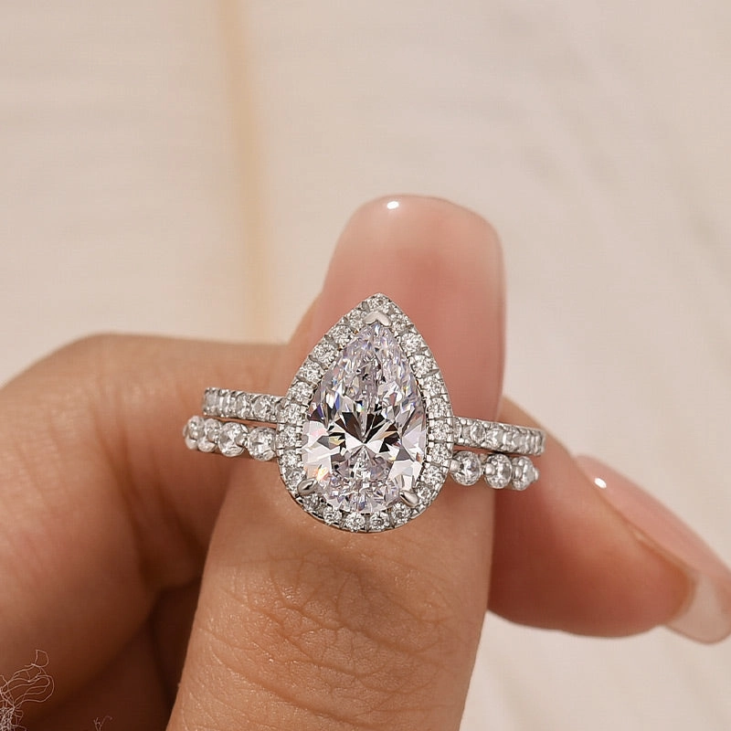 Louily 2PC Classic Halo Pear Cut Wedding Ring Set With Classic Wedding Band Unique Design