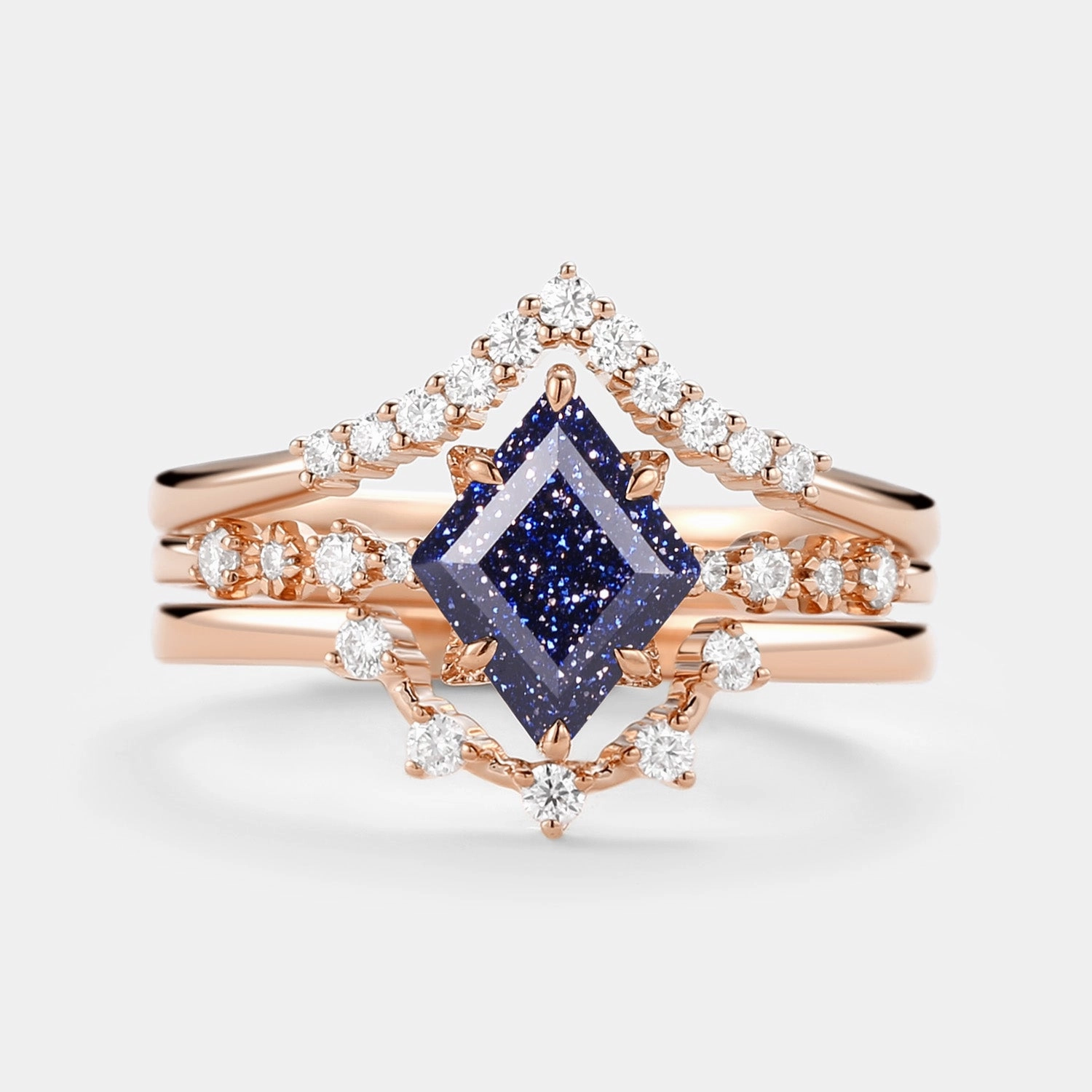 Shine Effect Blue Sandstone & Moissanite Ring Set 3pcs - Violet