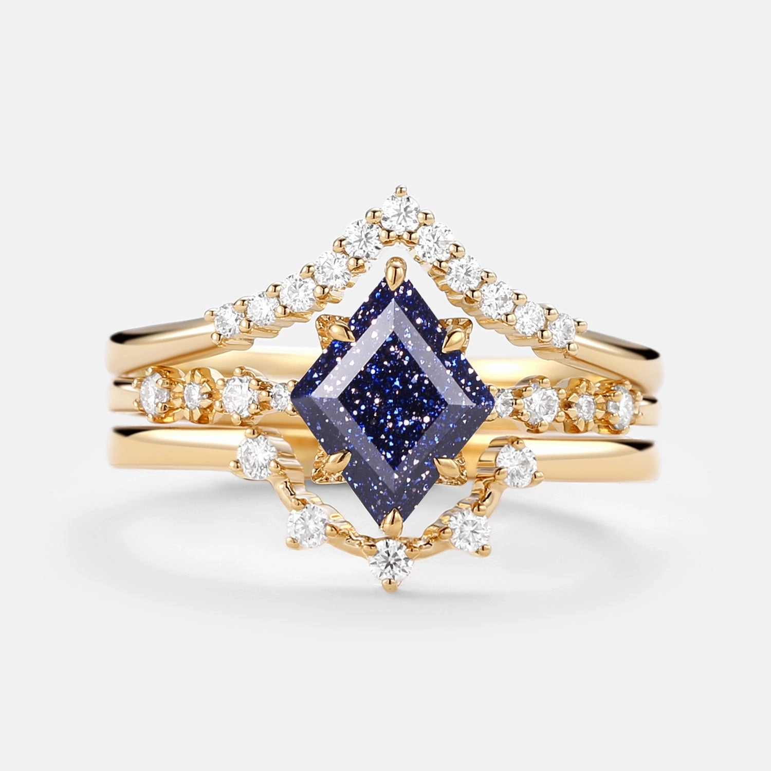 Blue Sandstone & Moissanite Ring Set 3pcs - Violet Glow Ready Trend Accent