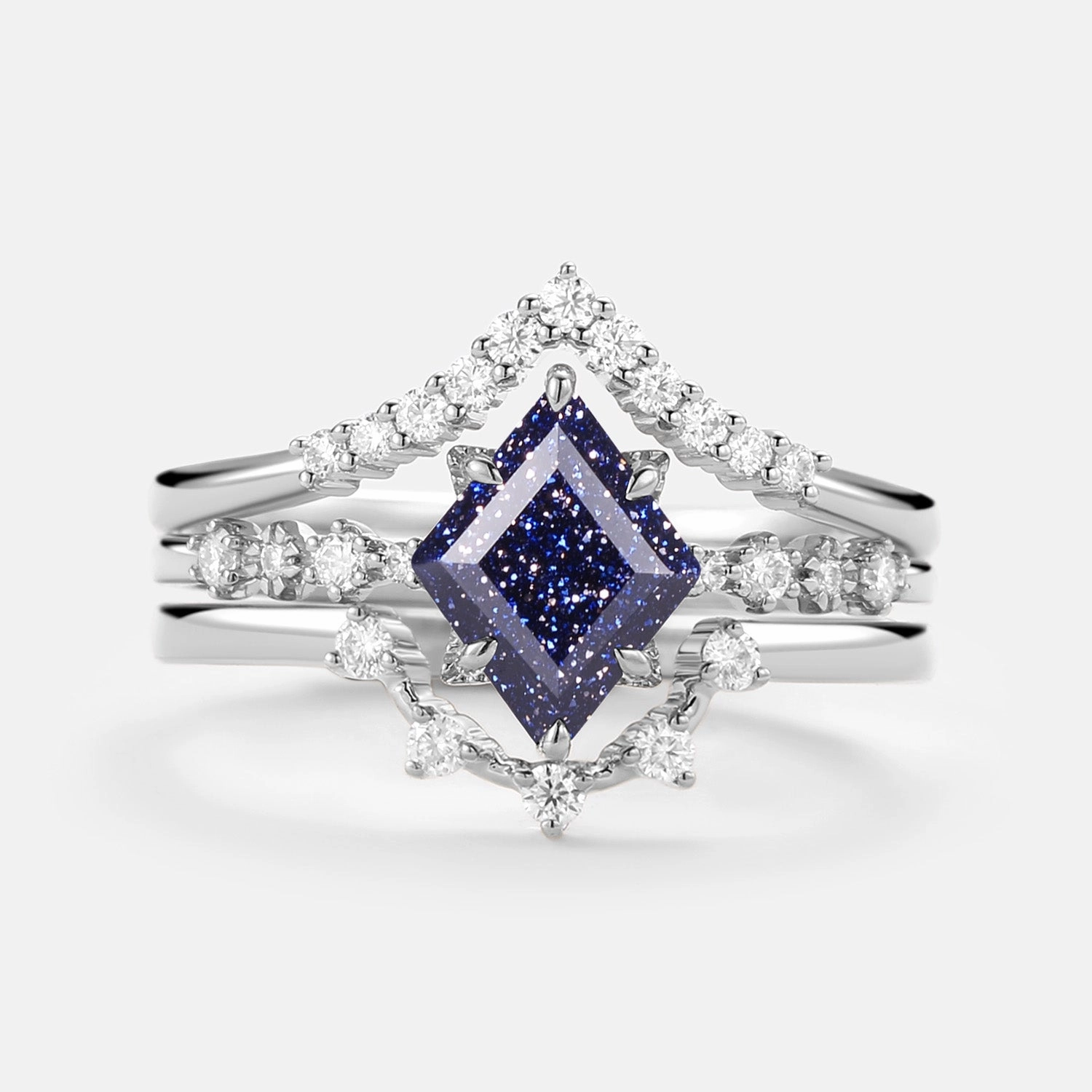 Blue Sandstone & Moissanite Ring Set 3pcs - Violet Silver Edge Anniversary Surprise