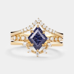 Blue Sandstone & Moissanite Ring Set 3pcs - Violet party look