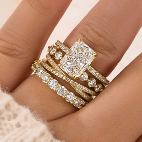 4PC 3.5Ct Radiant Cut Wedding Ring Set With Three Classic Wedding Bands Contemporary Touch Glam Finish